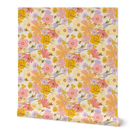 Peel & Stick Wallpaper Swatch - 70S Vintage Floral Retro Lavender Pink Yellow Large Scale Flower Garden Daisy Poppies Custom Removable Wallpaper by Spoonflower