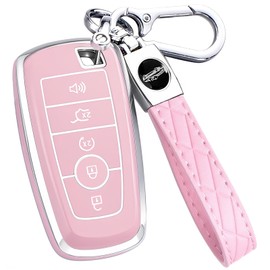 AAWQVRG Key Fob Cover for Ford - Premium Soft TPU Shell Full Protection Case with Keychain, Fits Explorer Expedition Escape Bronco Mustang F150 F250 F350 Maverick Ranger Fusion Lincoln, Pink 5-Button