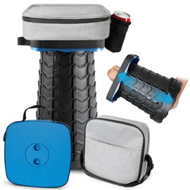 Geavo Square Collapsible Stool with 3-in-1 Carry Bag, Adjustable Retractable Portable Stool Max Load 360lbs, Foldable Stool with Cushion & Beverage Holder, Camping Stool for Fishing Hiking(Blue)