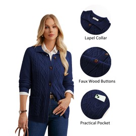 GRACE KARIN Chunky Sweater Women Casual Fall Outfits Lapel Collar Cable Knit Sweater Blazer Long Sleeve Jacket with Pockets(Navy Blue,M)