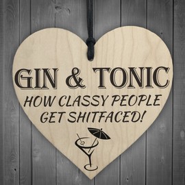 RED OCEAN Gin & Tonic Classy People Novelty Wooden Hanging Heart Kitchen Alcohol Plaque