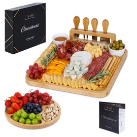 Cavrro Charcuterie Board Set – Large Bamboo Cheese Platter with Knives, Bowls & Round Tray – Gift for Housewarming, Weddings, Anniversaries & Parties – Wood Serving Board perfect for Entertaining