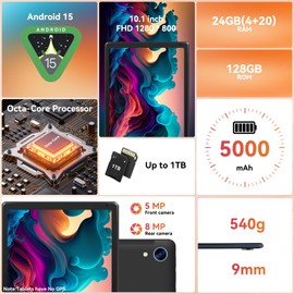 Tablet,10.1" Android Tablet with Octa-core Processor 24GB RAM 128GB ROM HD IPS Touchscreen 8H Battery, Wi-Fi 6, BT 5.0, Dual Camera, Android 15 Tablets 2025