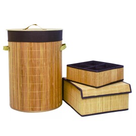 FixtureDisplays Bamboo Laundry Hamper Bamboo Clothes Bin Natural Storage Basket Organizer Set