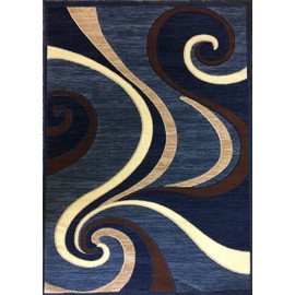 Americana Modern Area Rug Blue Brown Swirl Design 144 (4 Feet X 5 Feet 3 Inch)