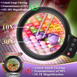 10X 30X Large Magnifying Glass with Light and Clamp,Clip on Lighted Magnifier,72 LED Stepless Dimmable Desk Magnifying Lamp Hands Free for Crafts Hobby Reading Painting Sewing Close Work