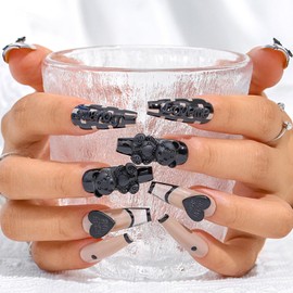 Sethexy French Long Coffin False Nails Handmade Shiny Chessboard False Fingernails 3D Black Bow Love Heart Wear Press on Nails Removable for Women and Girls