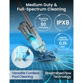 KOKIDO 2025 Cordless Pool Vacuum with 72” Pole, Standard & Fine Interchangeable Filters, 16GPM Optimized Suction, 2 Vac Heads, Spot Clean, for Small Above & Inground Pools, Spas Hot Tubs XV320