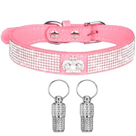 Suiecuor Dog Collar Small Dog Collar Rhinestone Shiny Diamonds Soft Suede Adjustable Puppy Collar for Small Medium Dogs Pink S