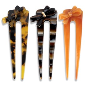 Padorul French U Shaped Hairpins - 3 Pack Hair Sticks for Buns, Acetate Bow with Twist, Elegant Non-Slip Hair Accessories for Women