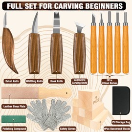 K KERNOWO Wood Carving Kit, 23pcs Wood Carving Tool with 4PCS Wood Carving Knives & 5PCS Detail Knives 9 Basswood Blocks & Gloves & Roll Bag & Strop Block & Polishing Compound Whittling Kit Hobbies for Adults