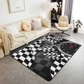 Racing Car Theme Area Rug 3'x5'(100cmX150cmX1cm), Black White Checkered Flag Non Slip Rug for Women Men,Honeycomb Geometry Indoor Floor Mat for Dining Room Backyard Decor