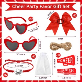 72 Pcs Cheerleader Gifts Bulk for Team Cheerleading Heart Sunglasses Hair Bows Bracelet Organza Bag and Cards Cheerleader Party Favors for Team Teens Girls Gifts(Red)