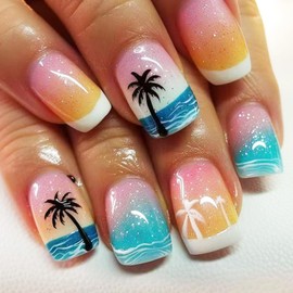 24Pcs Beach Press on Nails Coconut Tree Acrylic Full Cover Fake Nails Summer Ocean Stick on Nail Sea Gel Glue on Fingernails Glossy White French Tips Short Square False Nail for Holiday Manicure Art