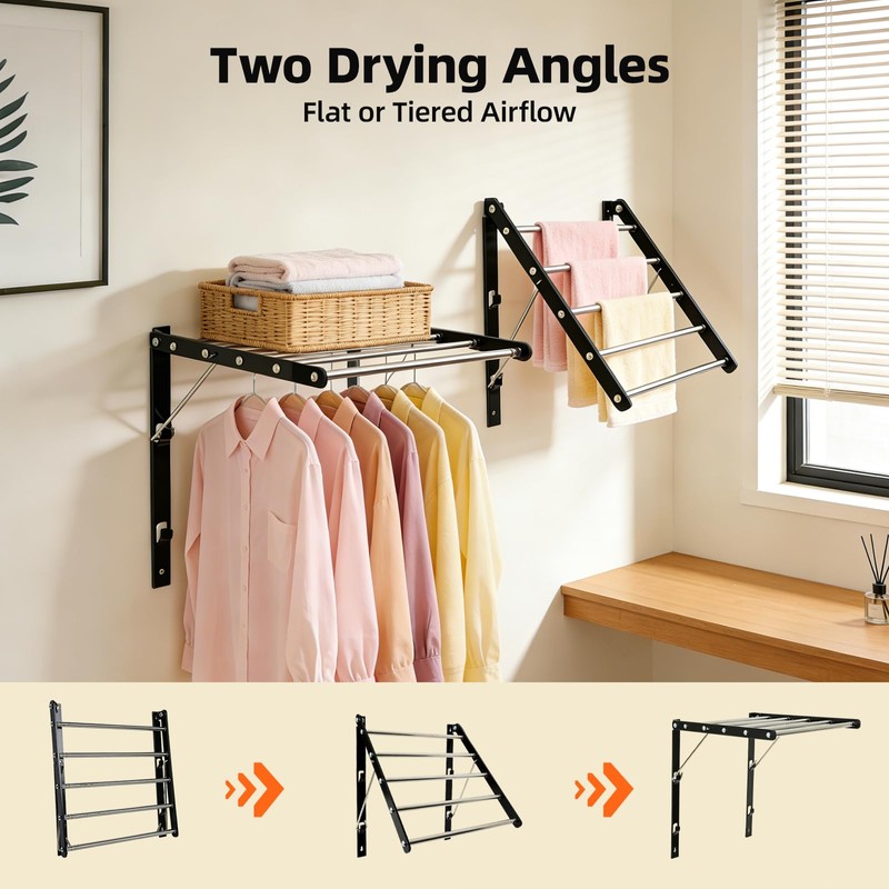 Gecauoea Wall Mounted Drying Rack, Pre-Install Adjustable Width 13-23 Inch,