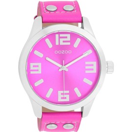 Oozoo Timepieces Women's Watch - Wrist Watch with Leather Strap | High-Quality Watch for Women - Elegant Analogue Women's Watch in Round, Silver Coloured/Fluo Pink, Strap.