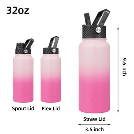 BJPKPK Insulated Water Bottles with Straw Lid, 32oz Metal Large Water Bottle with 3 Lids, Reusable Leak Proof BPA Free Thermo, Stainless Steel Tumblers for Sports, Gym, Travel-Cherry