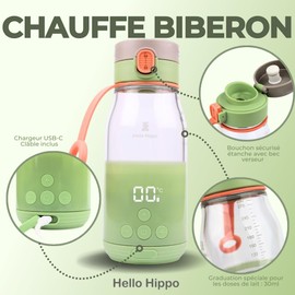 HELLO HIPPO® Premium Portable Bottle Warmer USB Charging Nomadic Bottle Warmer for Milk and Water - Capacity 280ml - 30ml increments - Adjustable temperature up to 50°C - Practical and lightweight
