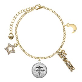 Delight Jewelry Silvertone Domed Black PharmD - Goldtone Dream Big Charm Bracelet, 7.5+2" Extender