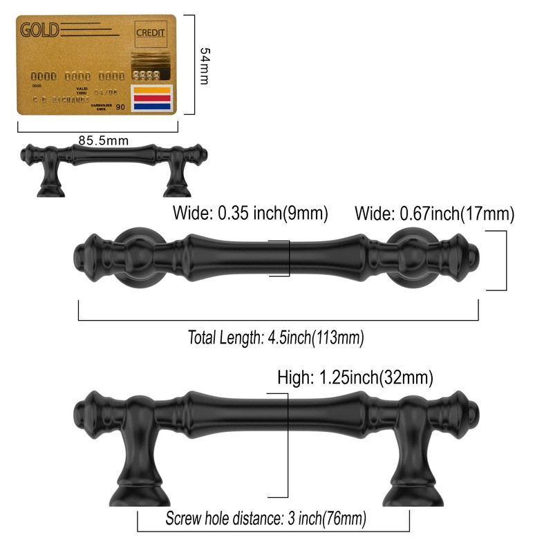 Amerdeco 10 Pack Matte Black Cabinet Pulls 3 Inch(76mm) Hole