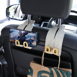 Car Headrest Hooks 2 Pack - Universal Premium Leather and Zinc Alloy - Alloy Car Seat Back Storage Hook for Purses Handbags Cloth Drink - Durable Car Accessories for Women Men (BH09-White-Gold)