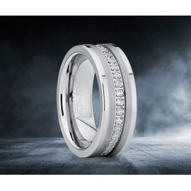 Metal Masters Co. Tungsten Carbide Wedding Band Eternity Ring, Cubic Zirconia Inlay Comfort Fit 8mm 7.5