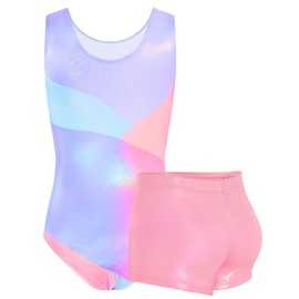 TENVDA Gymnastics Leotards for Girls Matching Shorts Sets Size 5-6 Years Old Sparkly Blue Pink Tumbling Outfit Activewear