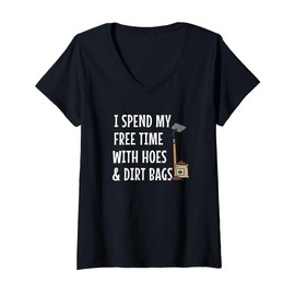 Womens Funny I Spend Free Time with Hoes & Dirt Bags Garden V-Neck T-Shirt