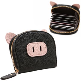 SFTRADE Credit Card Case, Card Case, With Coin Purse, Cute Pigs, Cats, Thin, Slim, Lightweight, Large Capacity, Holds 11 Pu Characters, Women's, Men's, Skimming, Magnetic Protection, Black