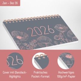 Häfft® Pocket Weekly Desk Calendar 2026 Small (16.1 x 9.7 cm) Landscape, 1 Week 2 Pages, Mini Desk Calendar "Poppy" - Sustainable and Climate Friendly