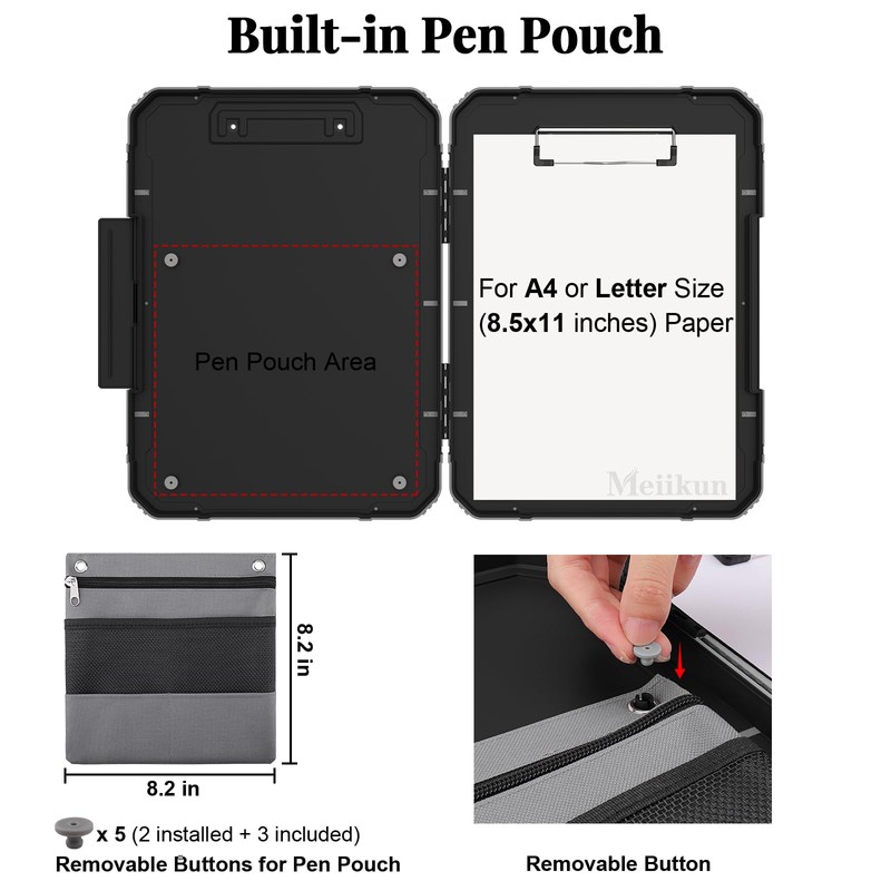 Meiikun Clipboard with Storage, Internal Pen Pouch, 8.5x11 Clipboards Black