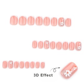 Short Square French Tip False Nails - 24Pcs Fake Nails with 3D Daisy Flower Designs - Nude Based White-edge Stick on Nails - Glue-on Press on Nails Full Cover Glossy Artificial Women Girls Nail Art