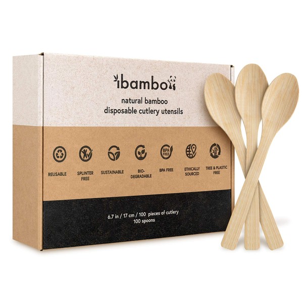 Ibambo Natural Bamboo Utensils 100 Set (100 Bamboo Spoons) Biodegradable Compostable Cutlery, Disposable Spoons, Reusable Bamboo Flatware, Bamboo Silverware for Gatherings, Camping, Picnics, Parties