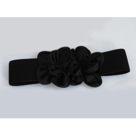 Diyafas Elastic Belt for Women Waist Belt Wide Waistband Decorative Dress Belt with Chiffon Flowers, black