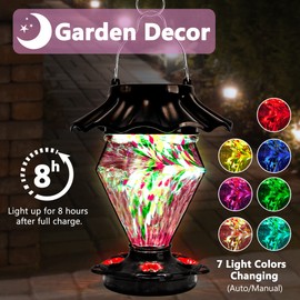 LUJII Solar Powered Color Changing Hummingbird Feeder for Outdoors Hanging, Hand Blown Glass Reservoir, 35 fl.oz, Never Leak, Illuminated Lantern for Garden Decor, for Women, Purple