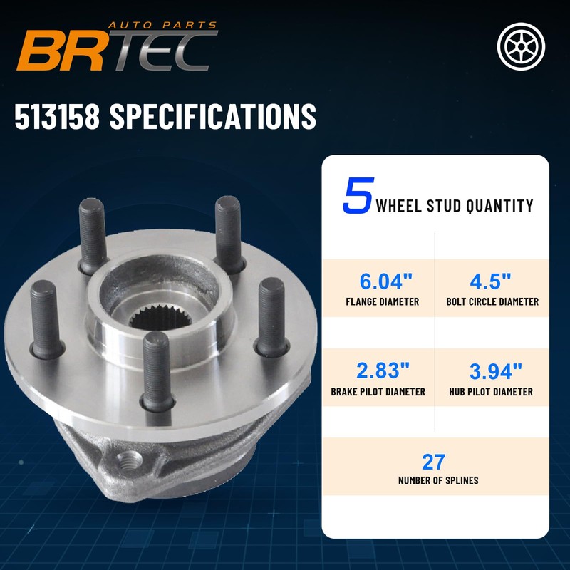 BRTEC 513158 4WD Front Left/Right Wheel Hub and Bearing Assembly