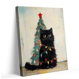 Christmas Canvas Wall Art Decor - 16X20 inch Cute Black Cat Wrapped in Christmas Lights, Holiday Cat Décor with Christmas Tree Background, Festive Animal-Themed Artwork for Living Room or Office