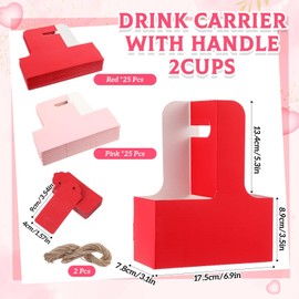 MotiMind 50 Pcs 2 Cup Drink Carrier with Handle Red and Pink Kraft Paperboard Cup Holder Portable for Hot Cold Drinks Coffee Cup Caddy with Heart Cutout Card and Rope for Valentine's Day