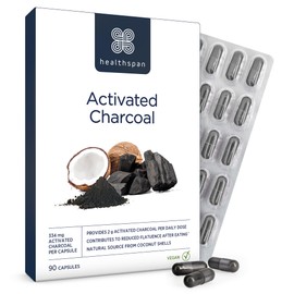Healthspan Activated Charcoal (90 Capsules) | Contributes to Reduced Flatulence After Eating | 334mg Activated Charcoal per Capsule | Natural Source from Coconut Shells | Vegan