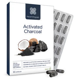 Healthspan Activated Charcoal (90 Capsules) | Contributes to Reduced Flatulence After Eating | 334mg Activated Charcoal per Capsule | Natural Source from Coconut Shells | Vegan