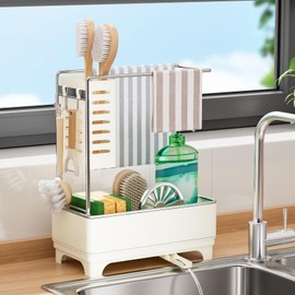 Kitchen Sink Caddy, Sponge Holder for Kitchen Sink with Brush Holder & Dishcloth Rack, Rustproof Sink Organizer Countertop, Kitchen Organizers Storage Essentials, White