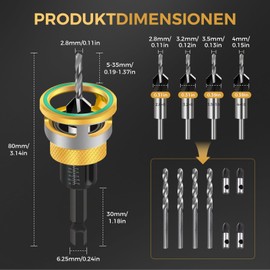 6-Piece Drill Countersink Set, Wood Drill Bit with Depth Stop, Drill Countersink with 1/4 Inch Hex Shank, Precise Drills, Choice of Wood Processing for DIY (4 Sizes)