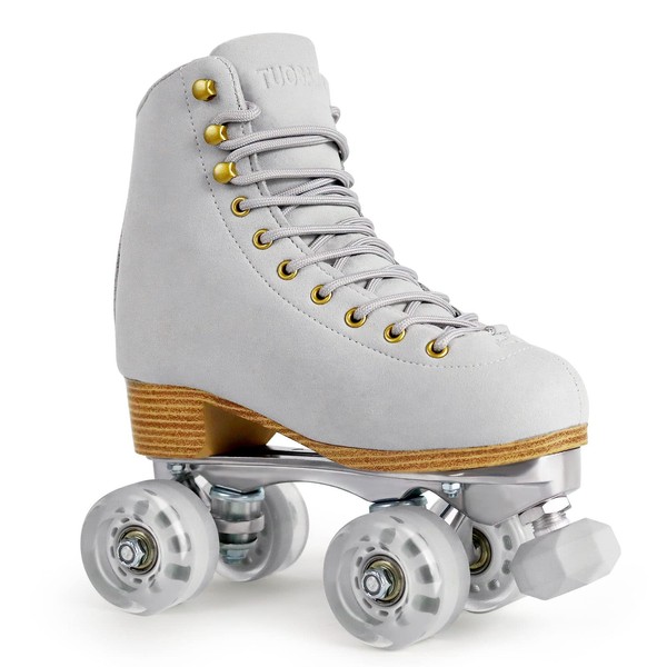 Tuosamtin Roller Skates for Women or Men with Height Adjustable Rubber Stoppers Retro Suede Quad Roller Skates for Outdoor and Indoor (Gray, 7)