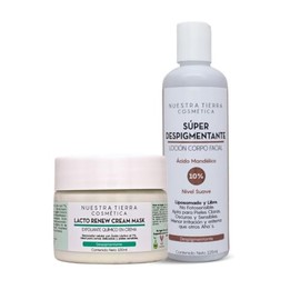 Nuestra Tierra Cosmetica Kit Despigmentante, Loción Super con Ácido Mandélico 10% y Lacto Renew Cream Mask, Tratamiento Facial y Corporal, 125ml + 100ml