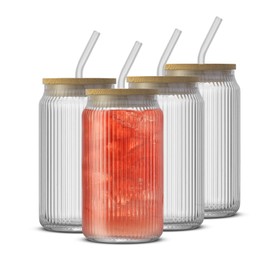 JoyJolt Fluted Glass Tumblers with Bamboo Lids and Glass Straws, Ribbed Can Shaped Drinking Glasses Set of 4, 16oz Cup with Lids and Straws, Iced Coffee Cups, Cocktail/Beer Glasses, Tea Cups