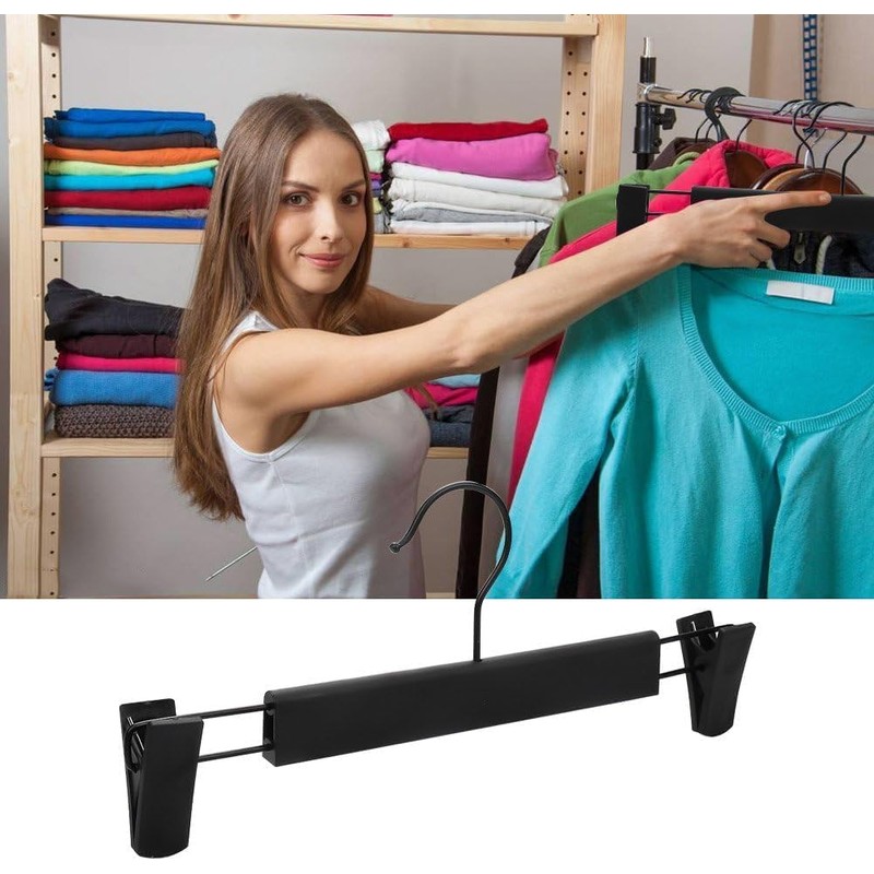 Pants Hangers,Black Clothes Plastic Pant Hangers with 2-Adjustable Anti-Rust Clips