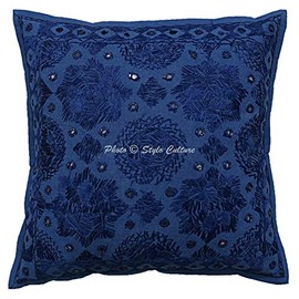 Stylo Culture Indian Decorative Cushion Covers 40cm x 40cm Home Decor Blue Embroidered Cotton Living Room Throw Pillow Cover Mirrored 16x16 Pillow Case
