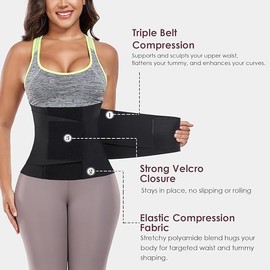 QEESMEI Waist Trainer for Women Waist Cincher Trimmer Ab Belt Tummy Control Body Shaper with Triple Wrap, Black, Medium