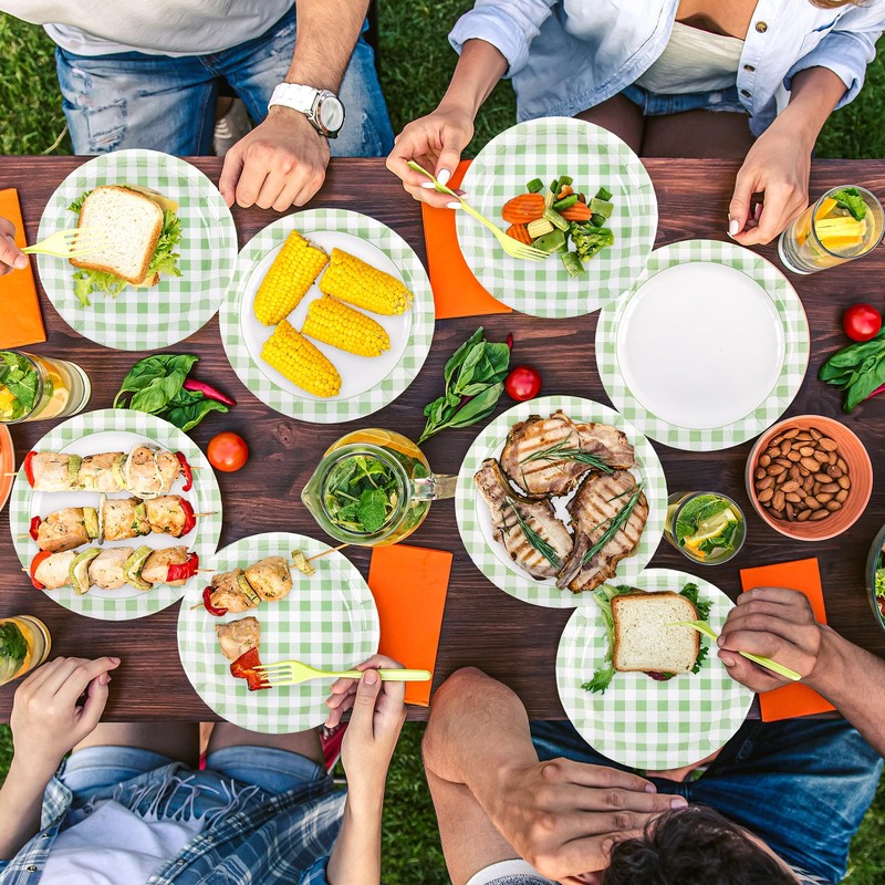Houuqe 48pcs Sage Green Gingham Party Plates 7 Inch Checkered