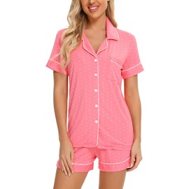 Women's Shorts Pajama Set Short Sleeve Sleepwear Nightwear Pjs Coral With Dots Large
